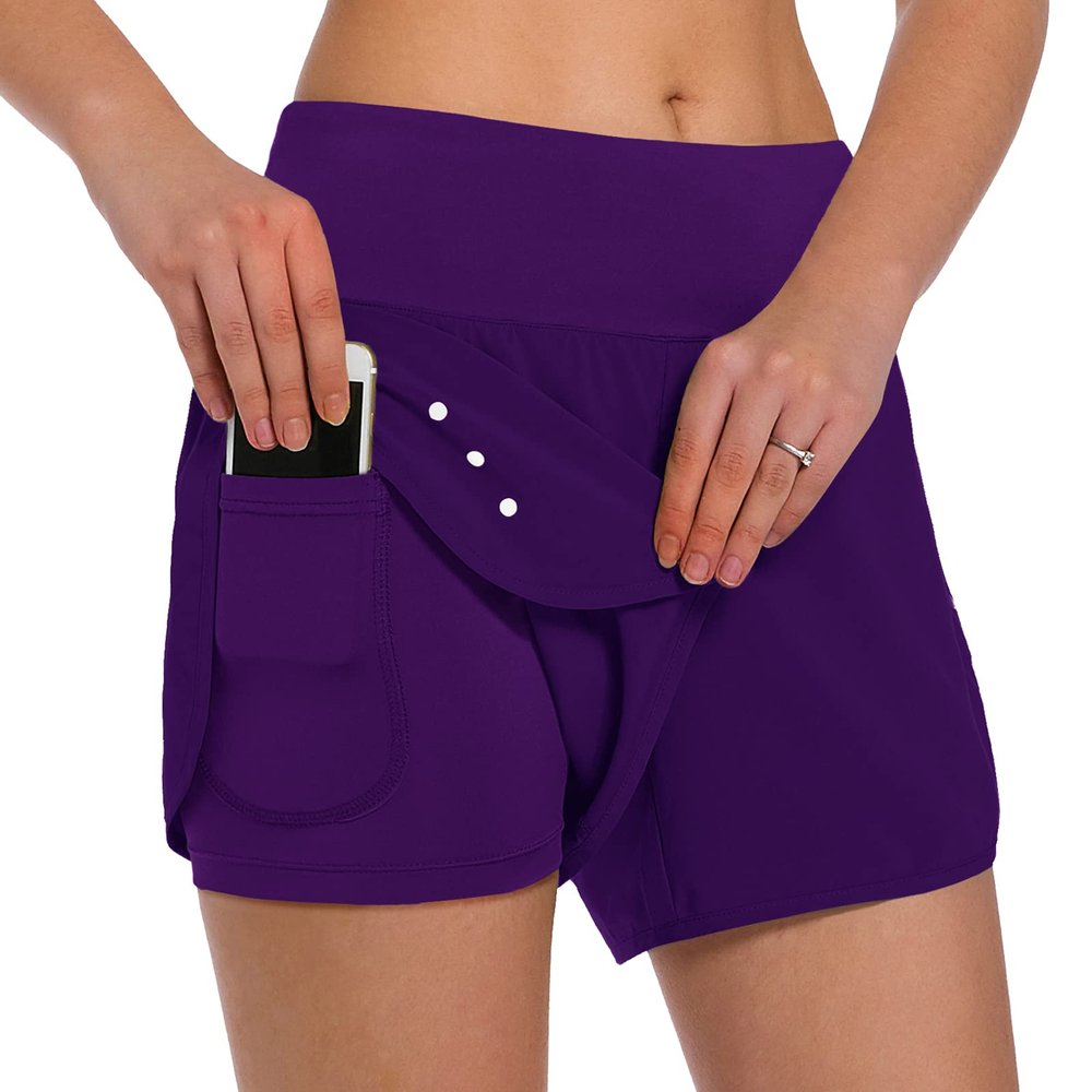 Ksmien Women's 2 in 1 Running Shorts - Lightweight Athletic Workout Gym Yoga Shorts Liner with Phone Pockets Purple