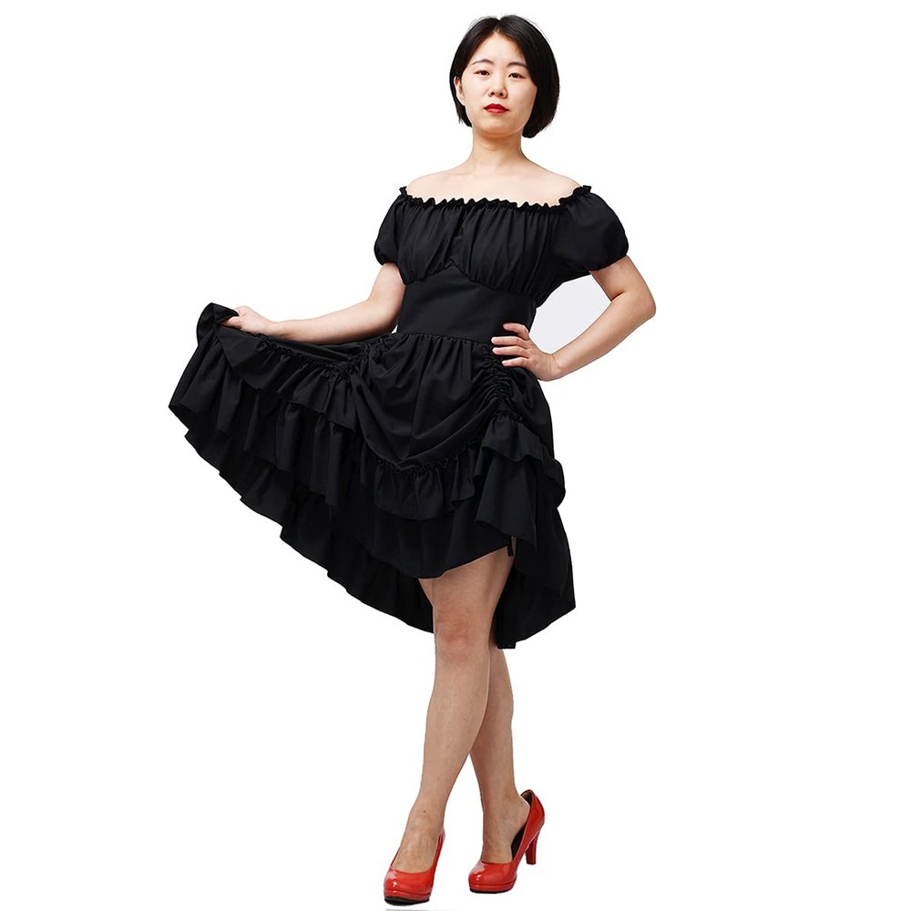 COSDREAMER Women Gothic Steampunk Dress Victorian Ruffled High Low Dress (Small, Black)