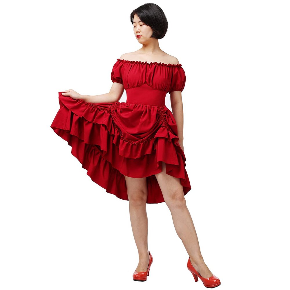 Women Gothic Steampunk Dress Victorian Ruffled High Low Dress (X-Small, Red)