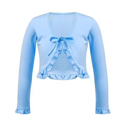 dPois Kids Girls Ballet Dance Warp Tops Knotted Long Sleeve Cotton Cardigan Shawl Cape Cover Up Tee Dancewear Light Blue 3 Years