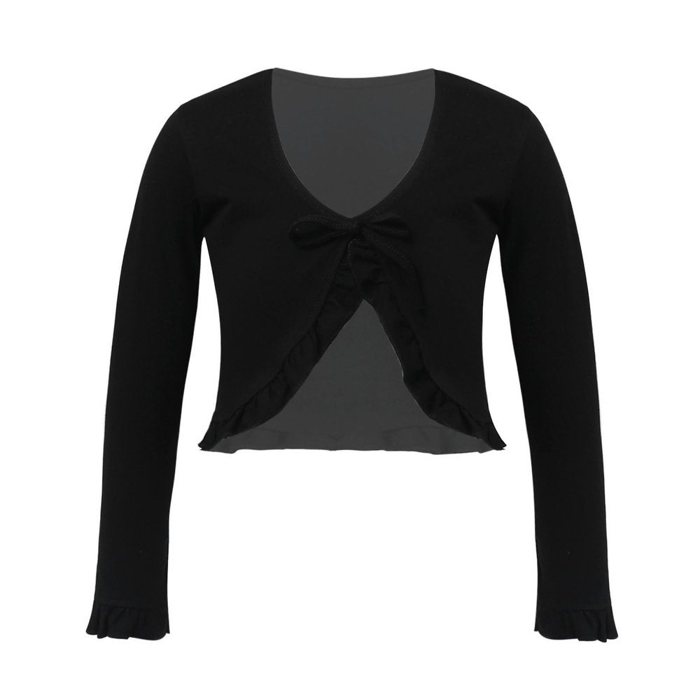 dPois Kids Girls Ballet Dance Warp Tops Knotted Long Sleeve Cotton Cardigan Shawl Cape Cover Up Tee Dancewear Black 6 Years