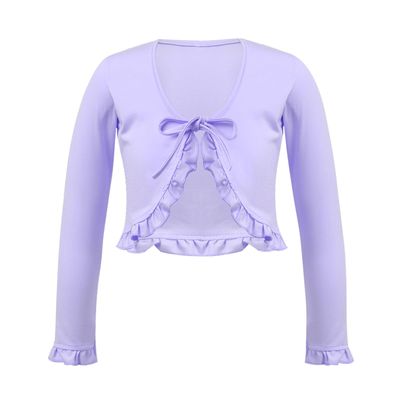 dPois Kids Girls Ballet Dance Warp Tops Knotted Long Sleeve Cotton Cardigan Shawl Cape Cover Up Tee Dancewear Light Purple 12 Years