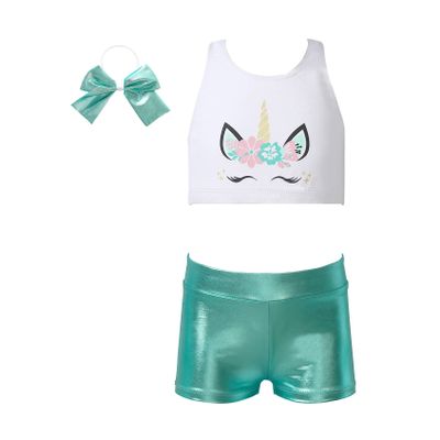 Yihuimin Kids Girls Magic Horse 3 Pcs Athletic Outfit Criss Cross Back Top with Booty Shorts Hairband Green 16 Years