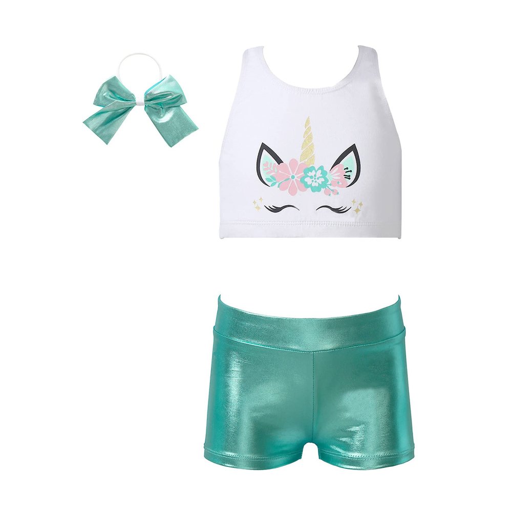 Yihuimin Kids Girls Magic Horse 3 Pcs Athletic Outfit Criss Cross Back Top with Booty Shorts Hairband Green 16 Years