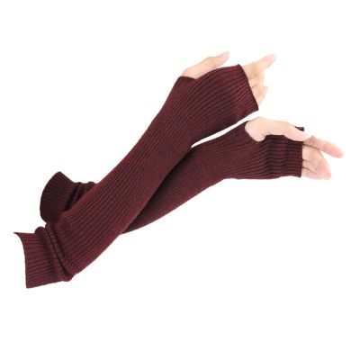 Facecozy Arm Warmers Women, Knit Warm Cashmere Long Fingerless Gloves for Women Cold Weather Mittens with Thumb Hole (Burgundy, 16"/40.5cm)