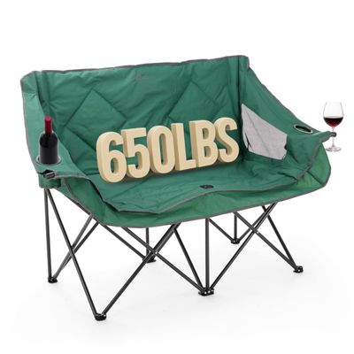 ARROWHEAD OUTDOOR Portable Folding Double Duo Camping Chair Loveseat w/ 2 Cup & Wine Glass Holder, Carrying Bag, Supports up to 500lbs