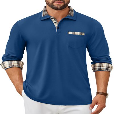 COOFANDY Men's Polo Shirt Long Sleeve Casual Button Polo Tee Plaid Collared Golg Shirt with Pocket Royal Blue