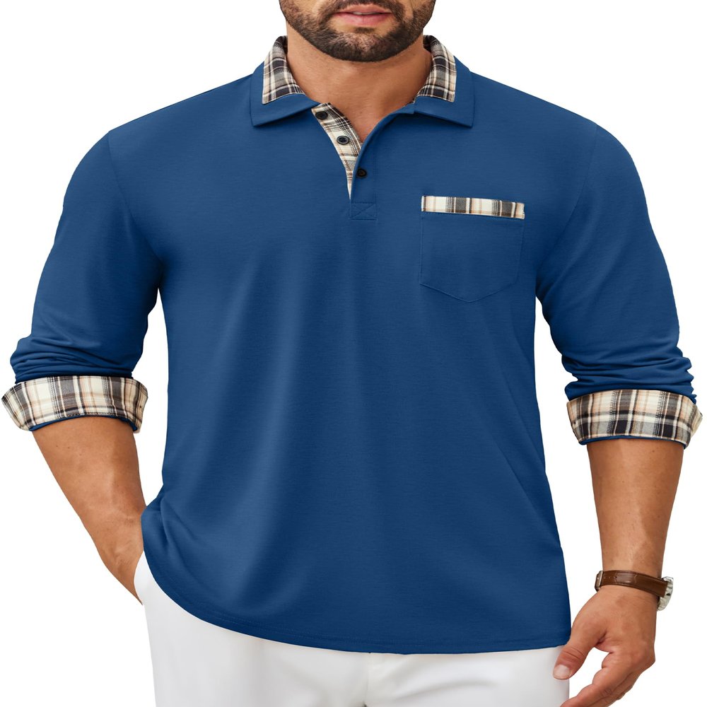 COOFANDY Men's Polo Shirt Long Sleeve Casual Button Polo Tee Plaid Collared Golg Shirt with Pocket Royal Blue