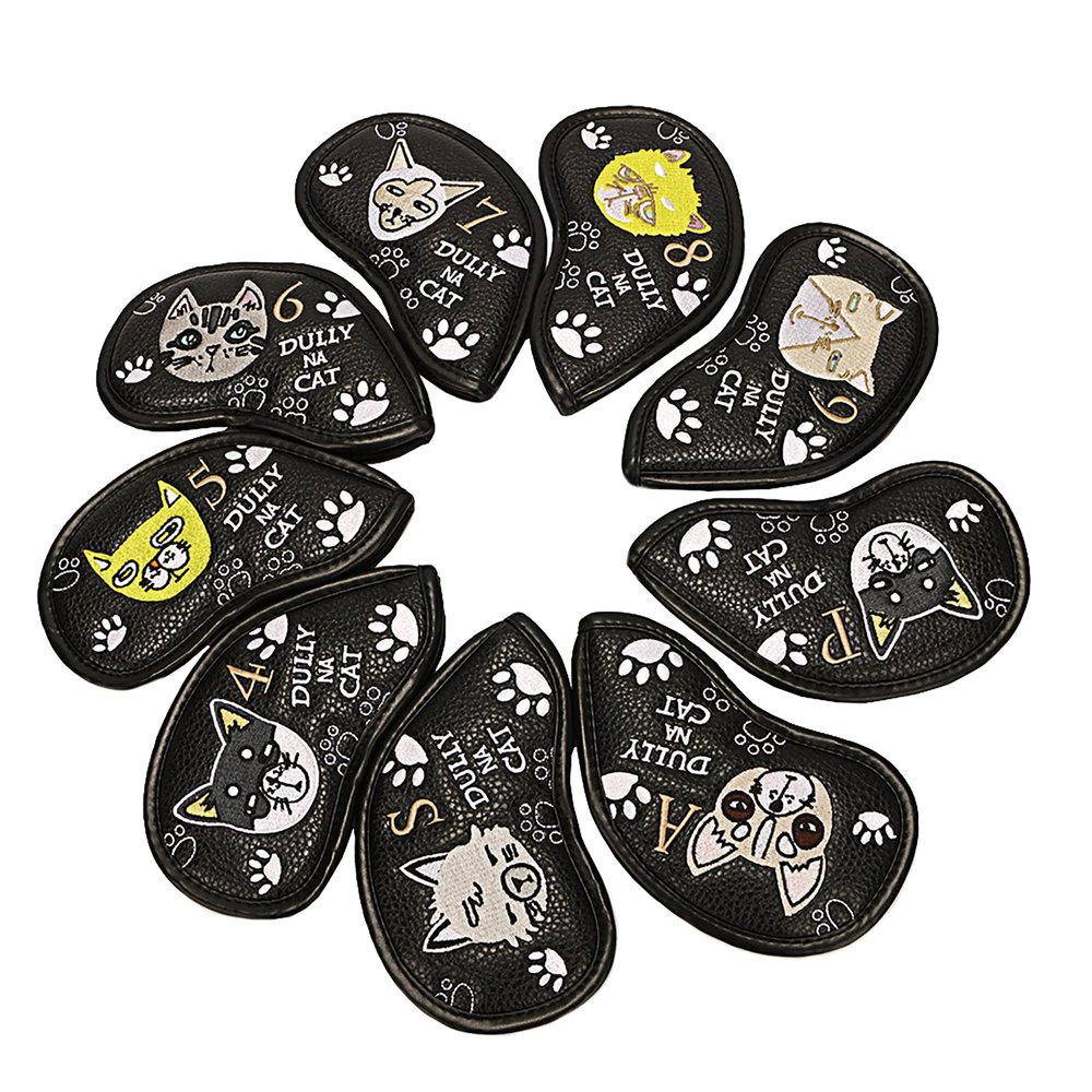 HB1 9Pcs/Set Golf Iron Head Cover Animal Design Protective Sleeve Suitable for Right and Left Handed PU Artificial Leather of Four Colors,Black