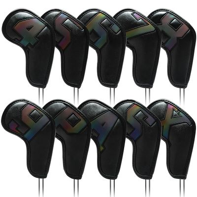 HB1 New Golf Iron Headcovers 10pcs (4,5,6,7,8,9,P,S,A,X) Exquisite PU Leather Golf Iron Colorful Digital Gradient Head Covers,Black1