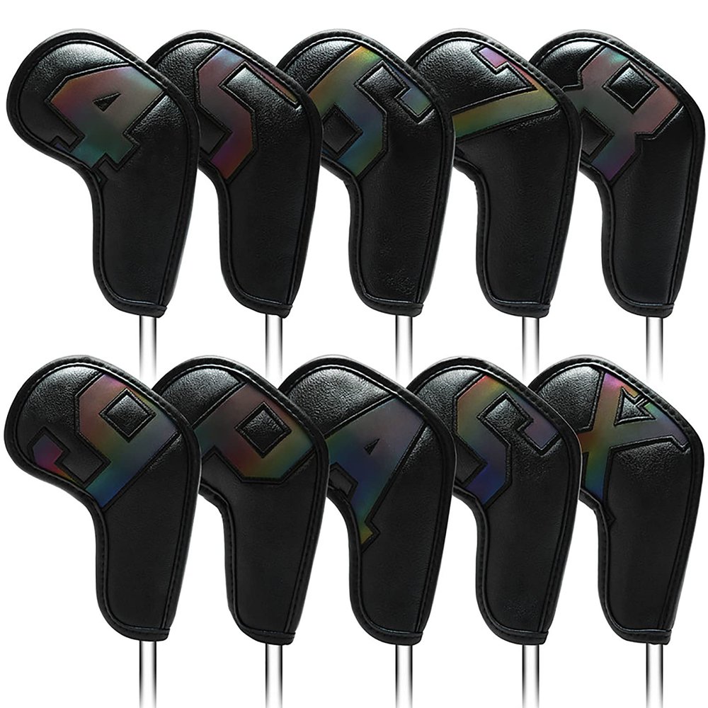 HB1 New Golf Iron Headcovers 10pcs (4,5,6,7,8,9,P,S,A,X) Exquisite PU Leather Golf Iron Colorful Digital Gradient Head Covers,Black1