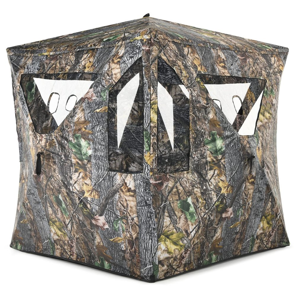 hysache Pop-up Hunting Blind, 3 Person Portable Ground Blind with 270 Perspective & Camouflage Appearance, Hub System, Carrying Bag Easy to Install and Carry (Trapezoidal Window)