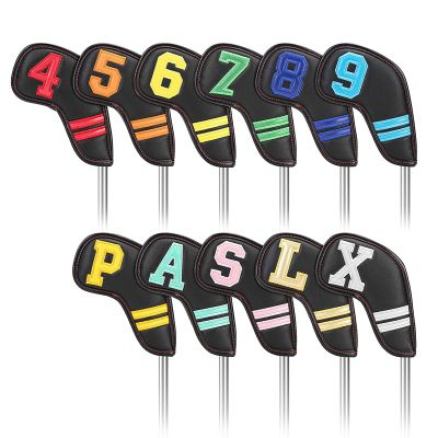 HB1 11Pcs/Set Waterproof Black PU Extended Golf Iron Head Cover Colorful Number Embroideried Protector Headcover Velcro Closure Cap Cover