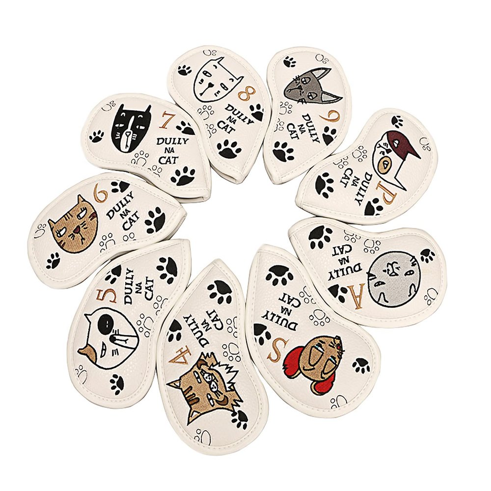HB1 9Pcs/Set Golf Iron Head Cover Animal Design Protective Sleeve Suitable for Right and Left Handed PU Artificial Leather of Four Colors,White