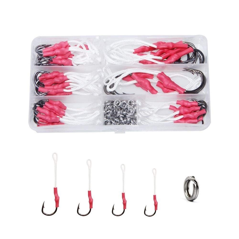 106pcs/box Strong Stainless Steel Assist Bait Fishing Hook with PE Line Split Ring for Sea Fishing Jigging Bait DaJiKan