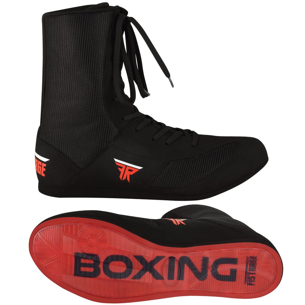 FISTRAGE Leather Kick Boxing Shoes Fighting Sports Master Training Mesh Unisex Pro Men's and Youth Genuine Boot Light Weight | Black Color Boxing Shoes for Adults (Black High-Top, 40)
