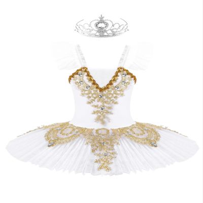 Aislor Kids Girls Sequin Ballet Dance Leotard Tutu Dress Swan Lake Dance Camisole Princess Dress Dancewear with Headwear Type B White 8-10 Years
