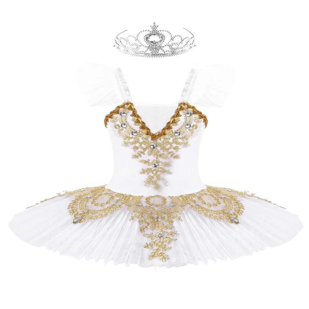 Aislor Kids Girls Sequin Ballet Dance Leotard Tutu Dress Swan Lake Dance Camisole Princess Dress Dancewear with Headwear Type B White 8-10 Years