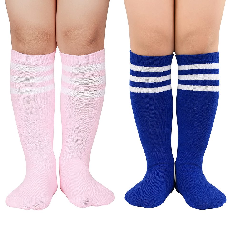 American Trends Striped Toddler Socks Knee High Tube Socks Cotton Uniform Sports Soccer Socks for Child Girls 2 PackBlue Pink White
