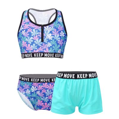 Kaerm Kids Girls 3Pcs Sporty Bathing Suit Swimwear Racerback with Briefs Booty Shorts Athletic Tankini Set Light Green 16 Years
