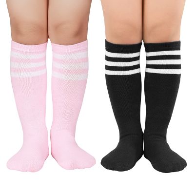 American Trends Striped Toddler Socks Knee High Tube Socks Cotton Uniform Sports Soccer Socks for Child Girls 2 Pack Pink Black White
