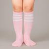 American Trends Striped Toddler Socks Knee High Tube Socks Cotton Uniform Sports Soccer Socks for Child Girls 2 Pack Pink Black White view 4