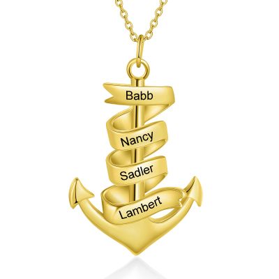 Wamantic Personalized Anchor Stainless Steel Chain Pendant Necklace Women Men Engraving 2 3 4 Names ID Vintage Necklace Lariat Jewelry Christmas Gifts for Women Mom(4 Names, Gold)