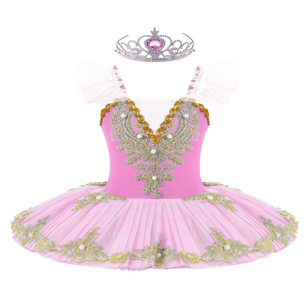 Aislor Kids Girls Sequin Ballet Dance Leotard Tutu Dress Swan Lake Dance Camisole Princess Dress Dancewear with Headwear Type A Pink 3-4 Years
