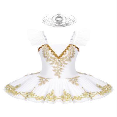 Aislor Kids Girls Sequin Ballet Dance Leotard Tutu Dress Swan Lake Dance Camisole Princess Dress Dancewear with Headwear Type A White 5-6 Years