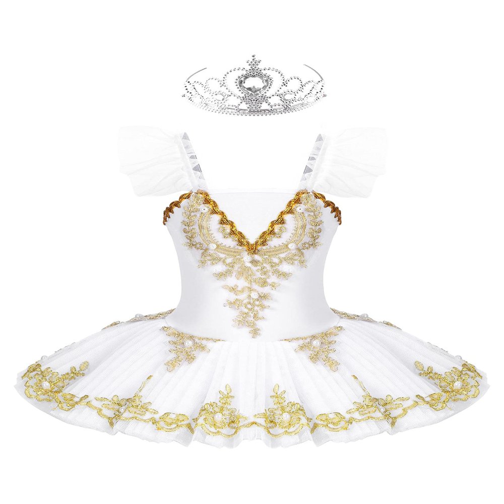 Aislor Kids Girls Sequin Ballet Dance Leotard Tutu Dress Swan Lake Dance Camisole Princess Dress Dancewear with Headwear Type A White 5-6 Years