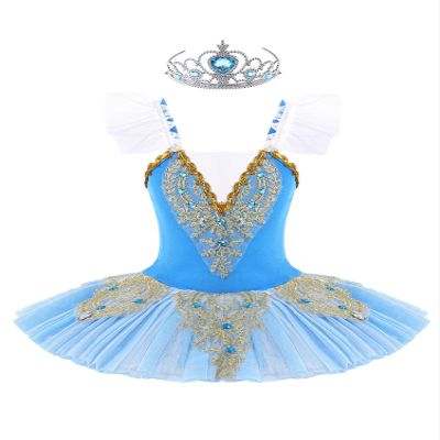Aislor Kids Girls Sequin Ballet Dance Leotard Tutu Dress Swan Lake Dance Camisole Princess Dress Dancewear with Headwear Type B Sky Blue 10-12 Years