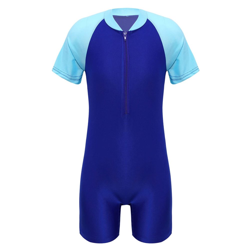 Loloda Kids Boys' One Piece Front Zipper Short Sleeve Rash Guard Swimsuit Water Sports Bathing Suits Royal_Blue 10-12 Years