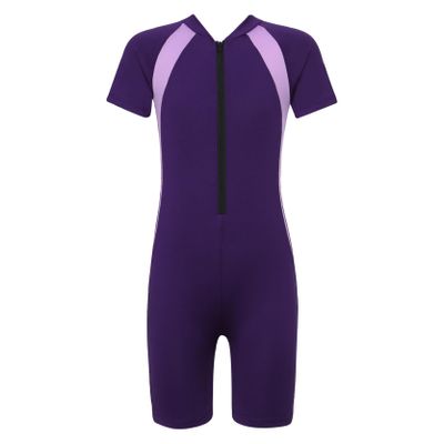 Loloda Kids Boys' One Piece Front Zipper Short Sleeve Rash Guard Swimsuit Water Sports Bathing Suits Purple 6-8 Years