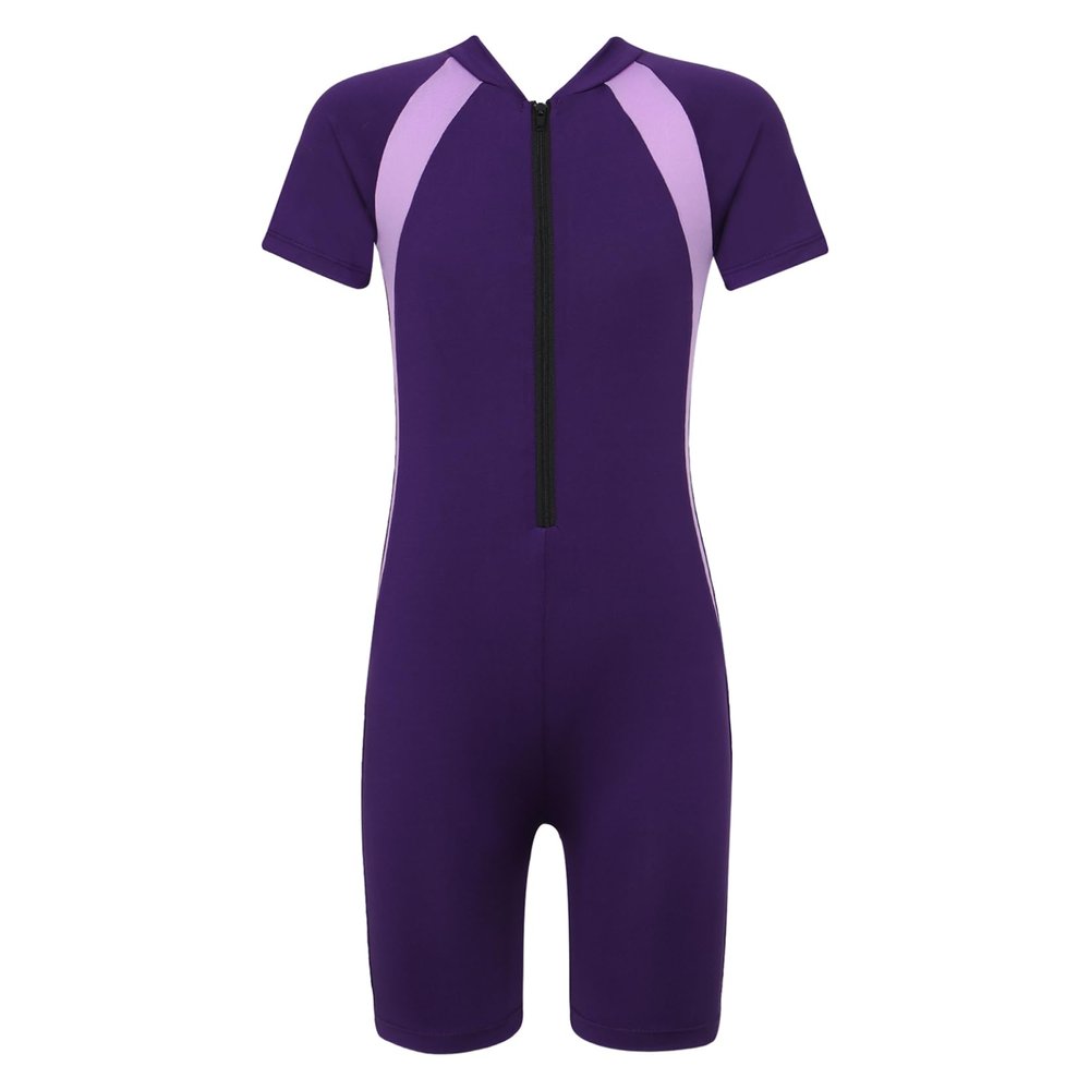 Loloda Kids Boys' One Piece Front Zipper Short Sleeve Rash Guard Swimsuit Water Sports Bathing Suits Purple 10-12 Years