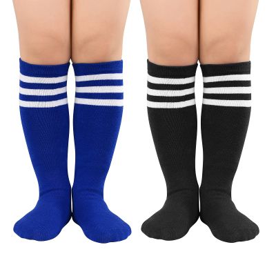 American Trends Striped Toddler Socks Knee High Tube Socks Cotton Uniform Sports Soccer Socks for Child Girls 2 Pack Blue Black White