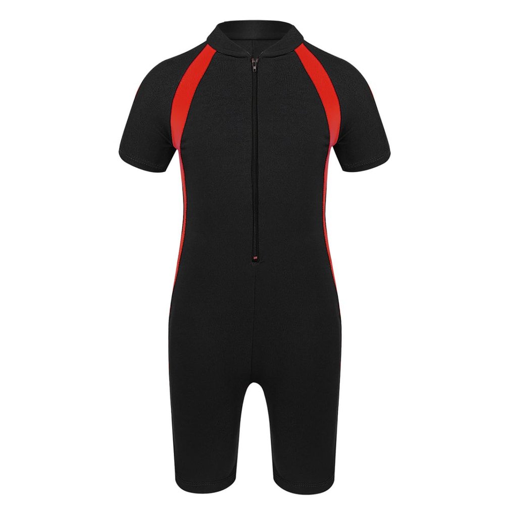 Loloda Kids Boys' One Piece Front Zipper Short Sleeve Rash Guard Swimsuit Water Sports Bathing Suits Red 10-12 Years