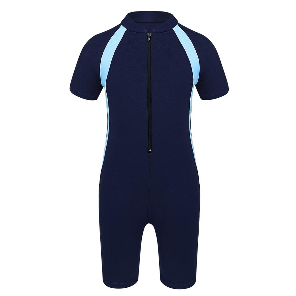 Loloda Kids Boys' One Piece Front Zipper Short Sleeve Rash Guard Swimsuit Water Sports Bathing Suits Navy_Blue 10-12 Years