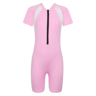 Loloda Kids Boys' One Piece Front Zipper Short Sleeve Rash Guard Swimsuit Water Sports Bathing Suits Pink 10-12 Years