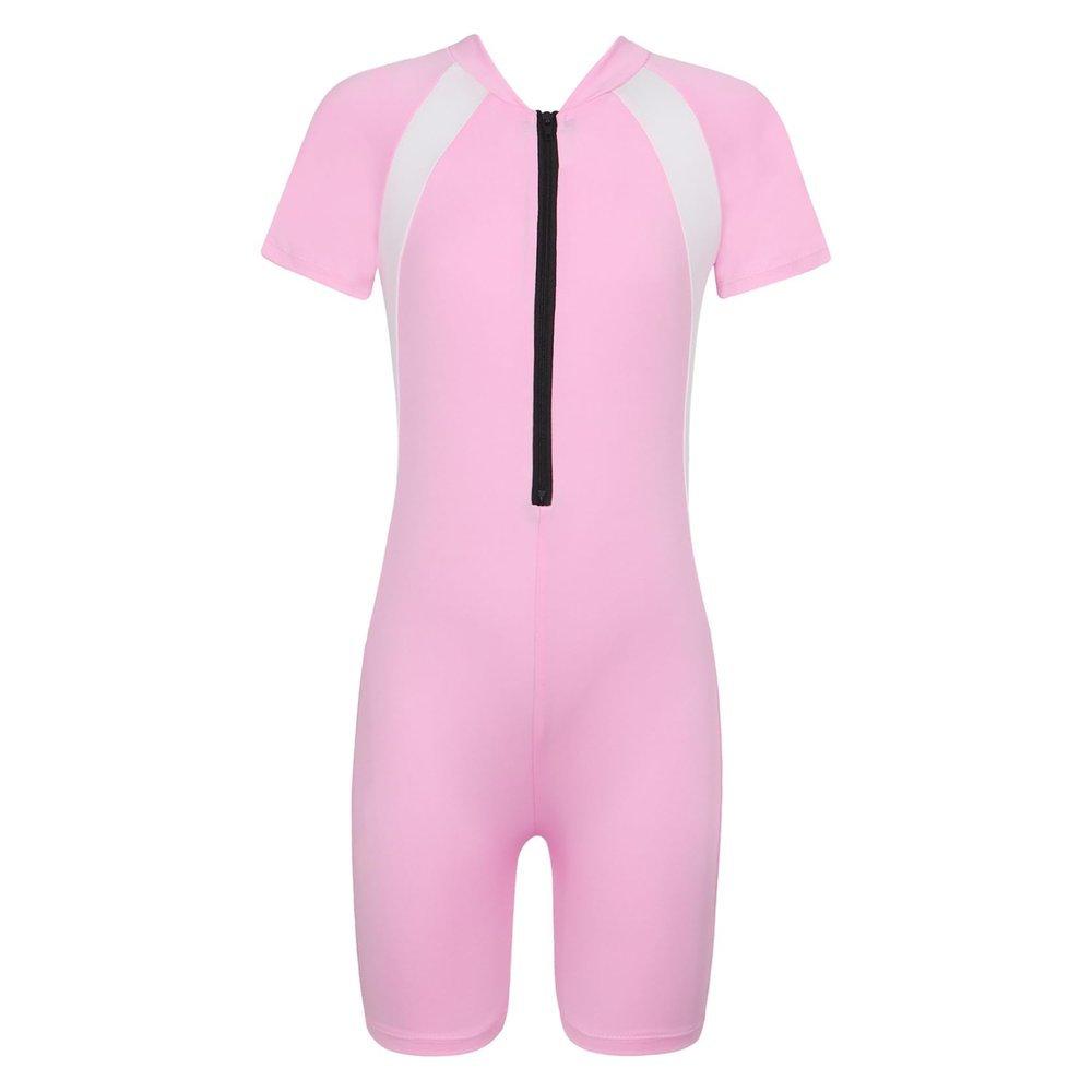 Loloda Kids Boys' One Piece Front Zipper Short Sleeve Rash Guard Swimsuit Water Sports Bathing Suits Pink 10-12 Years