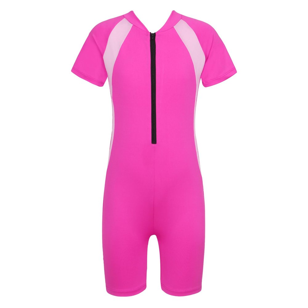 Loloda Kids Boys' One Piece Front Zipper Short Sleeve Rash Guard Swimsuit Water Sports Bathing Suits Rose 10-12 Years