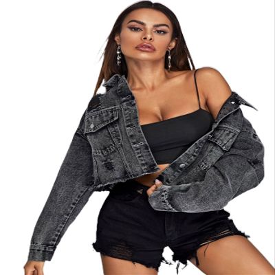 ebossy Women's Classic Ripped Distressed Button Down Washed Cropped Truker Denim Jacket with Pockets (X-Small, Black)