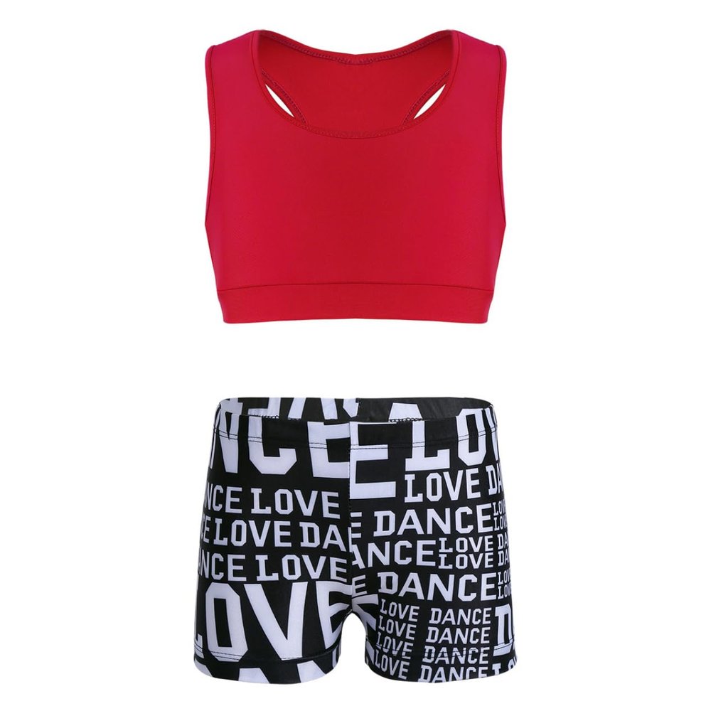 Loloda Girls' Racer Back Tank Top with Booty Shorts for Ballet Dance Gymnastics Workout Sport Dancewear Red 3-4 Years