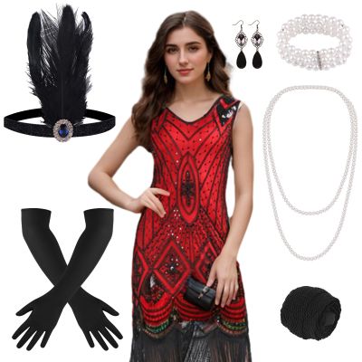 PLULON 1920s Sequin Beaded Fringed Flapper Dress with 20s Accessories Set(Red)