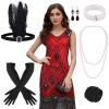 PLULON 1920s Sequin Beaded Fringed Flapper Dress with 20s Accessories Set(Red) view 1