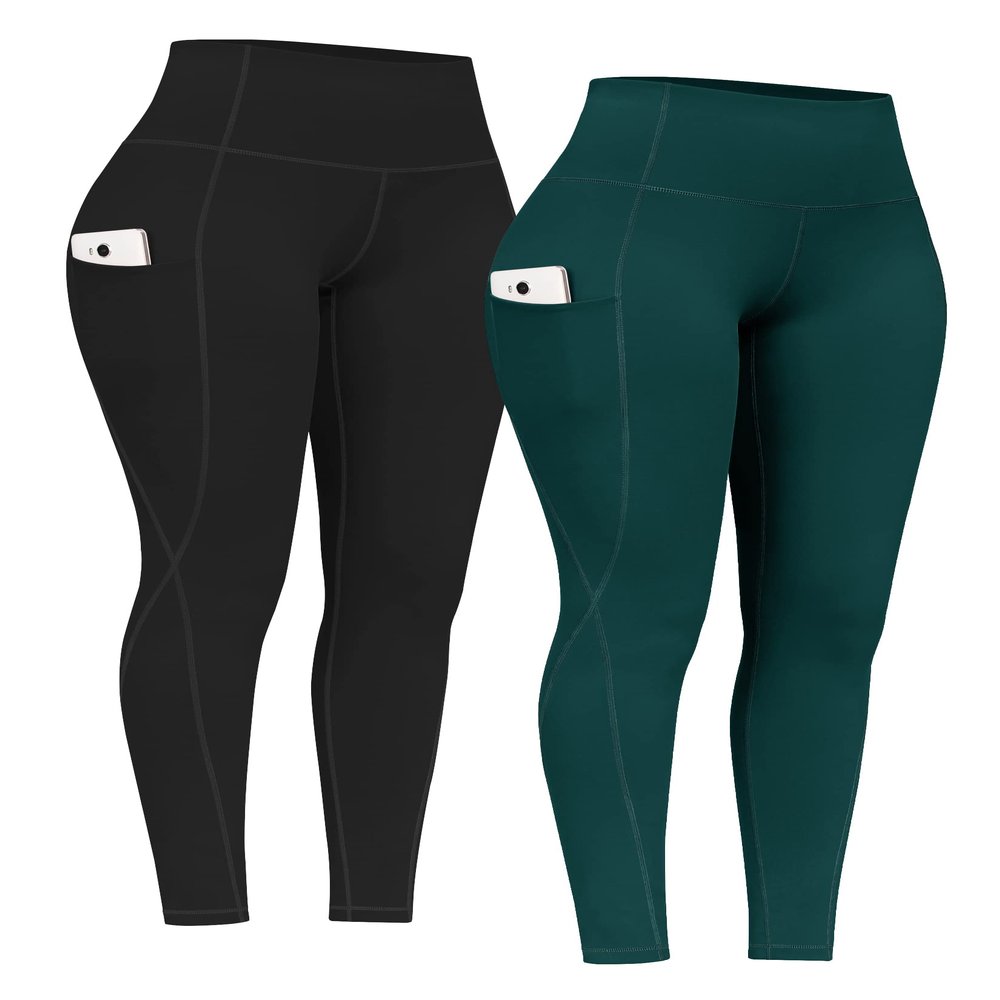 PHISOCKAT 2 Pack High Waist Yoga Pants with Pockets, Tummy Control Leggings, Workout 4 Way Stretch Yoga Leggings