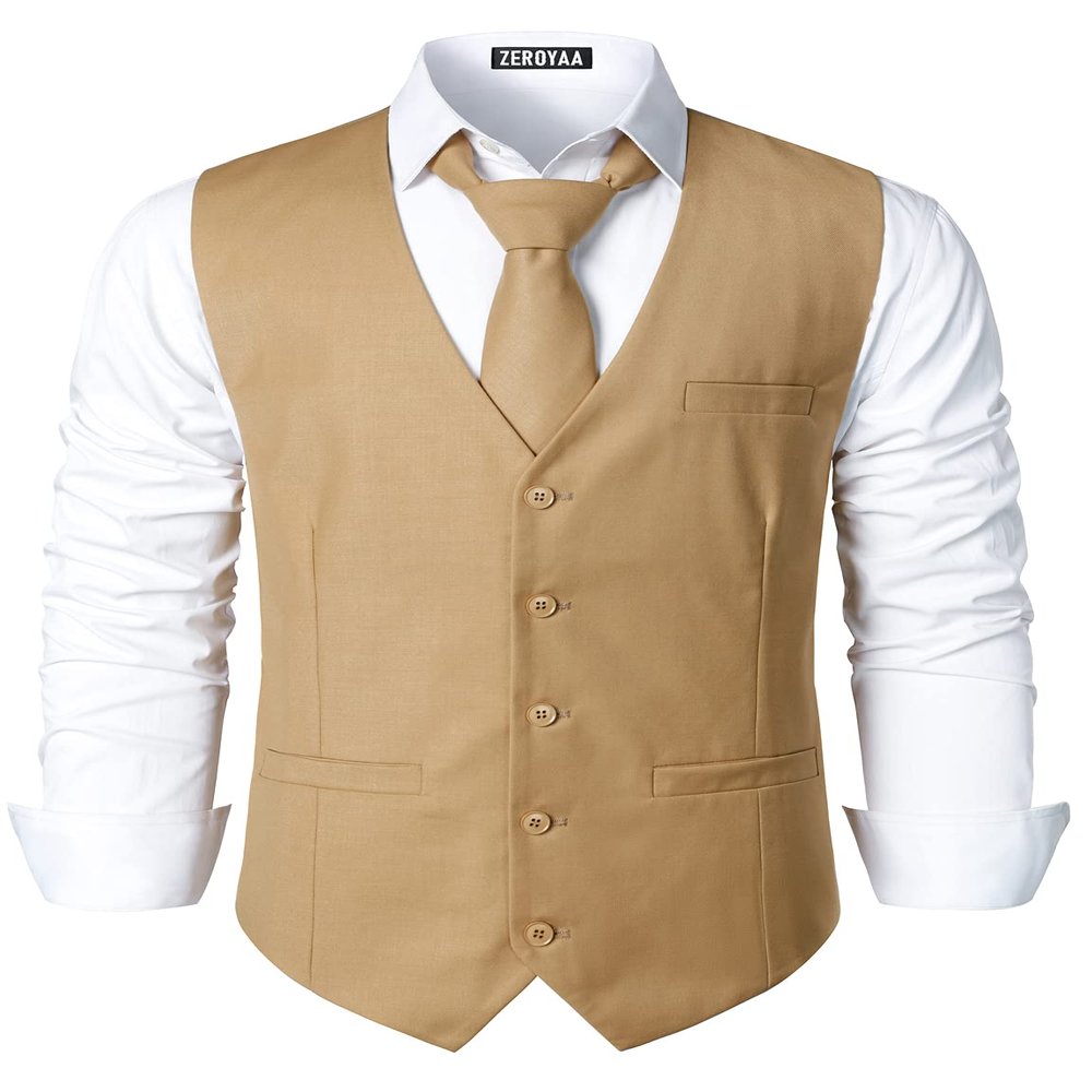 ZEROYAA Men's Hipster Urban Design 3 Pockets Business Formal Dress Vest for Suit Tuxedo ZLSV16 Khaki XX-Large