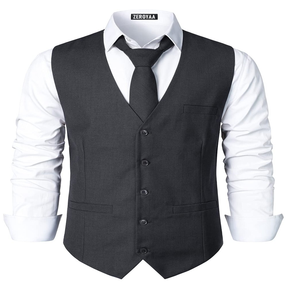 ZEROYAA Men's Hipster Urban Design 3 Pockets Business Formal Dress Vest for Suit Tuxedo ZLSV16 Charcoal X-Large