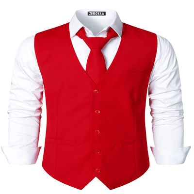 ZEROYAA Men's Hipster Urban Design 3 Pockets Business Formal Dress Vest for Suit Tuxedo ZLSV16 Red XXX-Large
