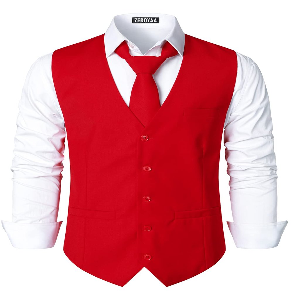 ZEROYAA Men's Hipster Urban Design 3 Pockets Business Formal Dress Vest for Suit Tuxedo ZLSV16 Red XXX-Large
