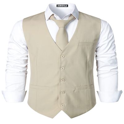 ZEROYAA Men's Hipster Urban Design 3 Pockets Business Formal Dress Vest for Suit Tuxedo ZLSV16 Beige Small